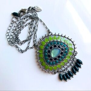 Signed Boho Gypsy Green Bloom Crystals Enamel Long Silver Dangle Necklace